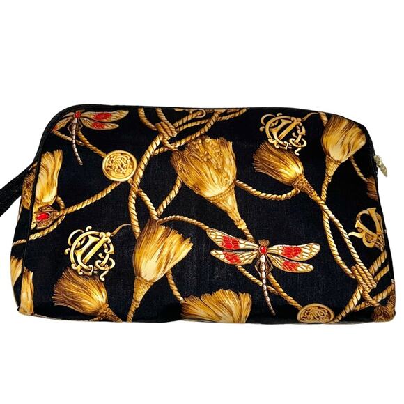 VTG Christian Dior Black Gold Monogram Logo Tassel Dragonfly Makeup Bag Case - Picture 2 of 15